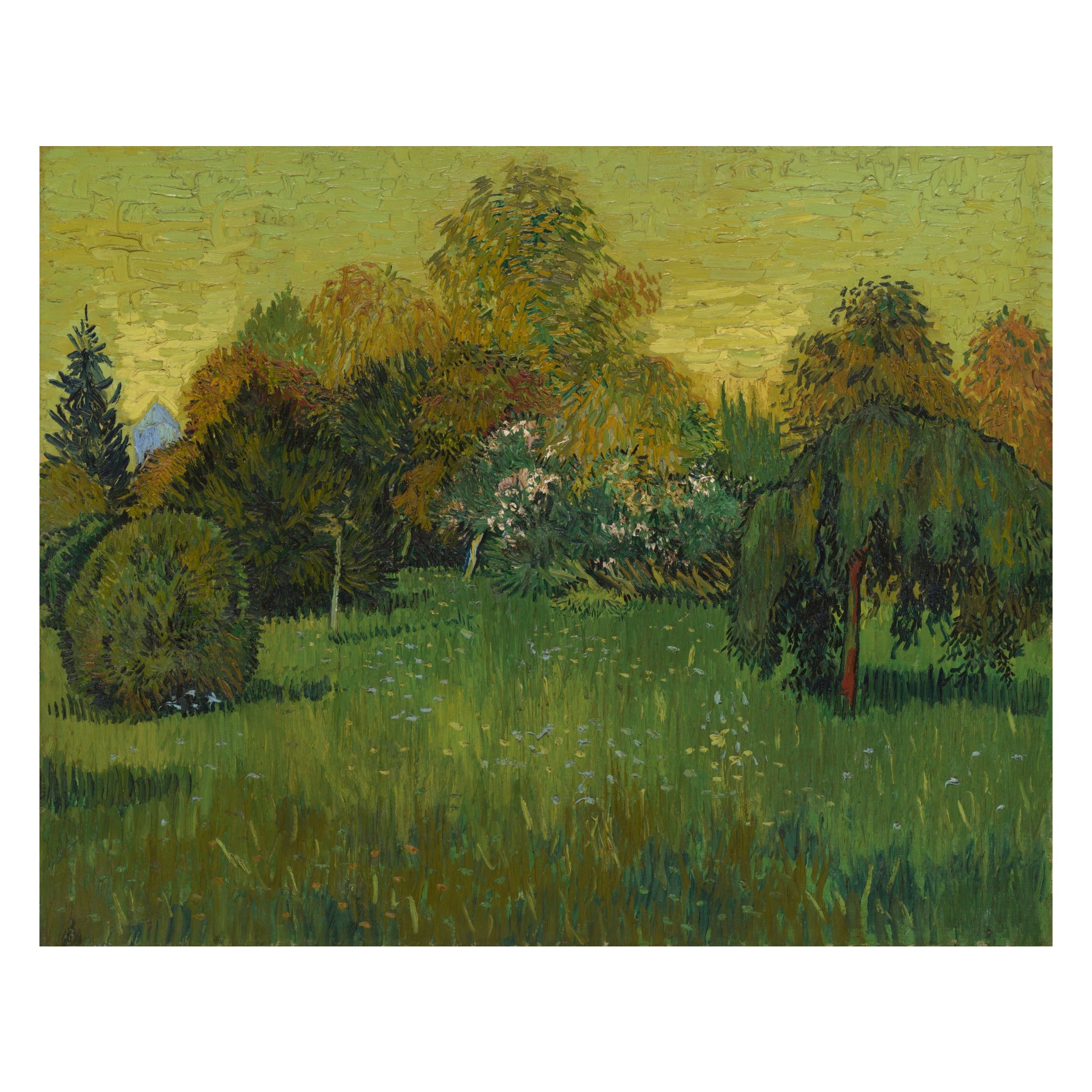 Vincent van Gogh, The Poet's Garden, 1888 — the painting reproduced whole: a grove of green trees over tall flowering grass under a heavy yellow sky