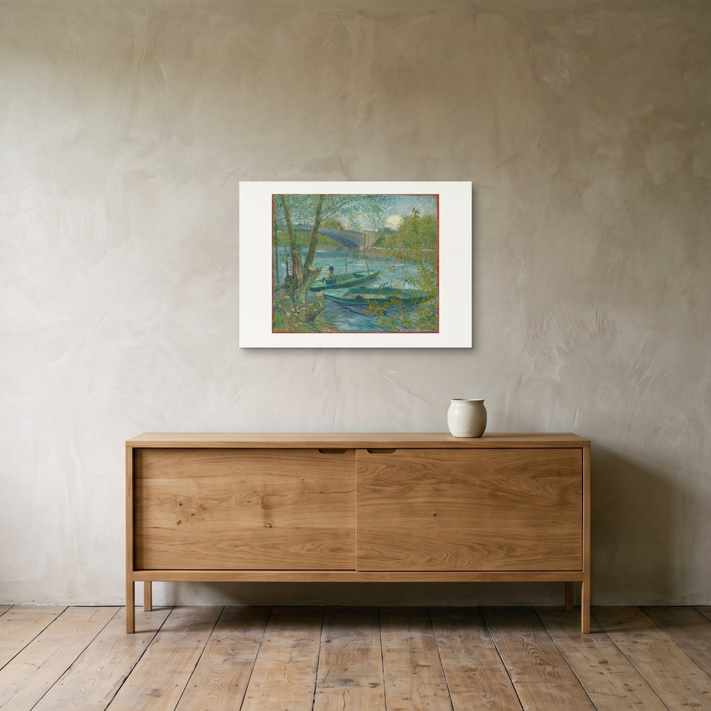 Van Gogh's Fishing in Spring as a 70 × 50 cm giclée print, unframed, hung 25 cm above a 140 cm sideboard