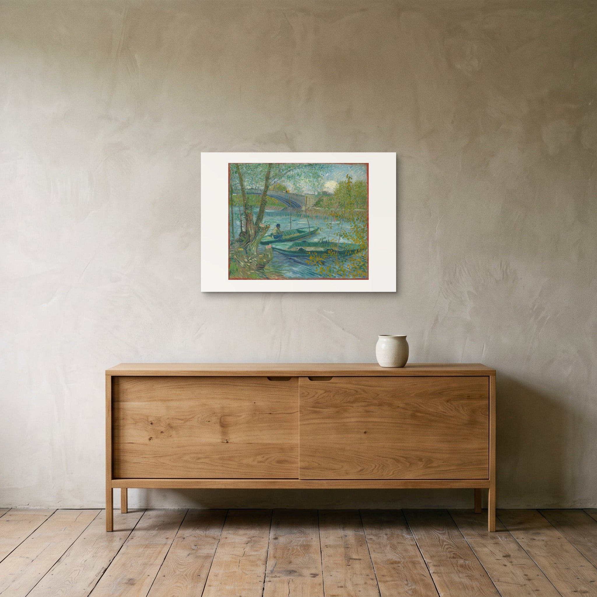 Van Gogh's Fishing in Spring as a 70 × 50 cm giclée print, unframed, hung 25 cm above a 140 cm sideboard