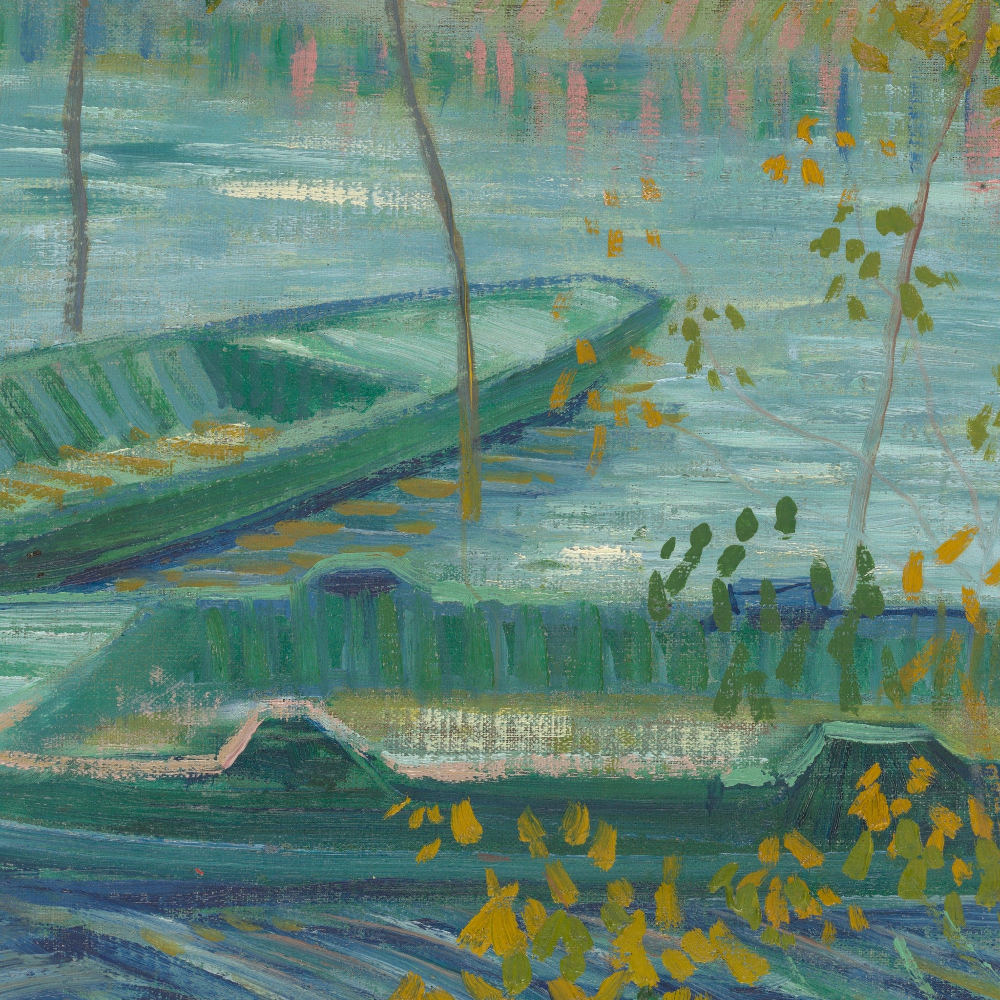 Detail at print size: the moored punts and the water broken into separate strokes of green, blue and yellow