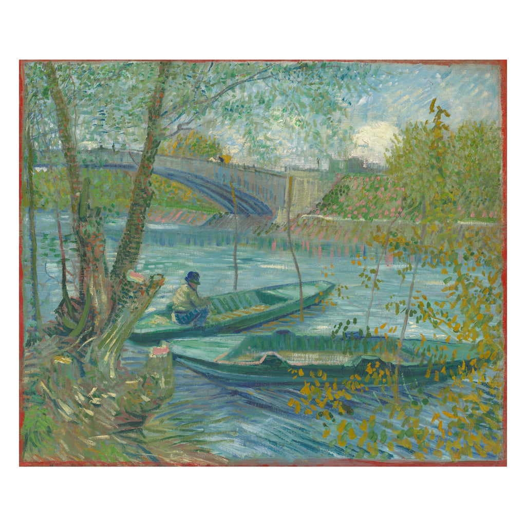 Vincent van Gogh, Fishing in Spring, the Pont de Clichy, 1887 — the canvas reproduced whole: green and blue water under spring willows, two moored punts and a fisherman, the red canvas ground visible at the edges