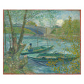 Vincent van Gogh, Fishing in Spring, the Pont de Clichy, 1887 — the canvas reproduced whole: green and blue water under spring willows, two moored punts and a fisherman, the red canvas ground visible at the edges
