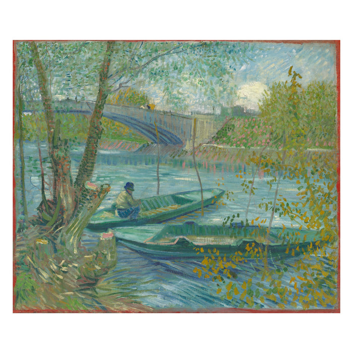 Vincent van Gogh, Fishing in Spring, the Pont de Clichy, 1887 — the canvas reproduced whole: green and blue water under spring willows, two moored punts and a fisherman, the red canvas ground visible at the edges