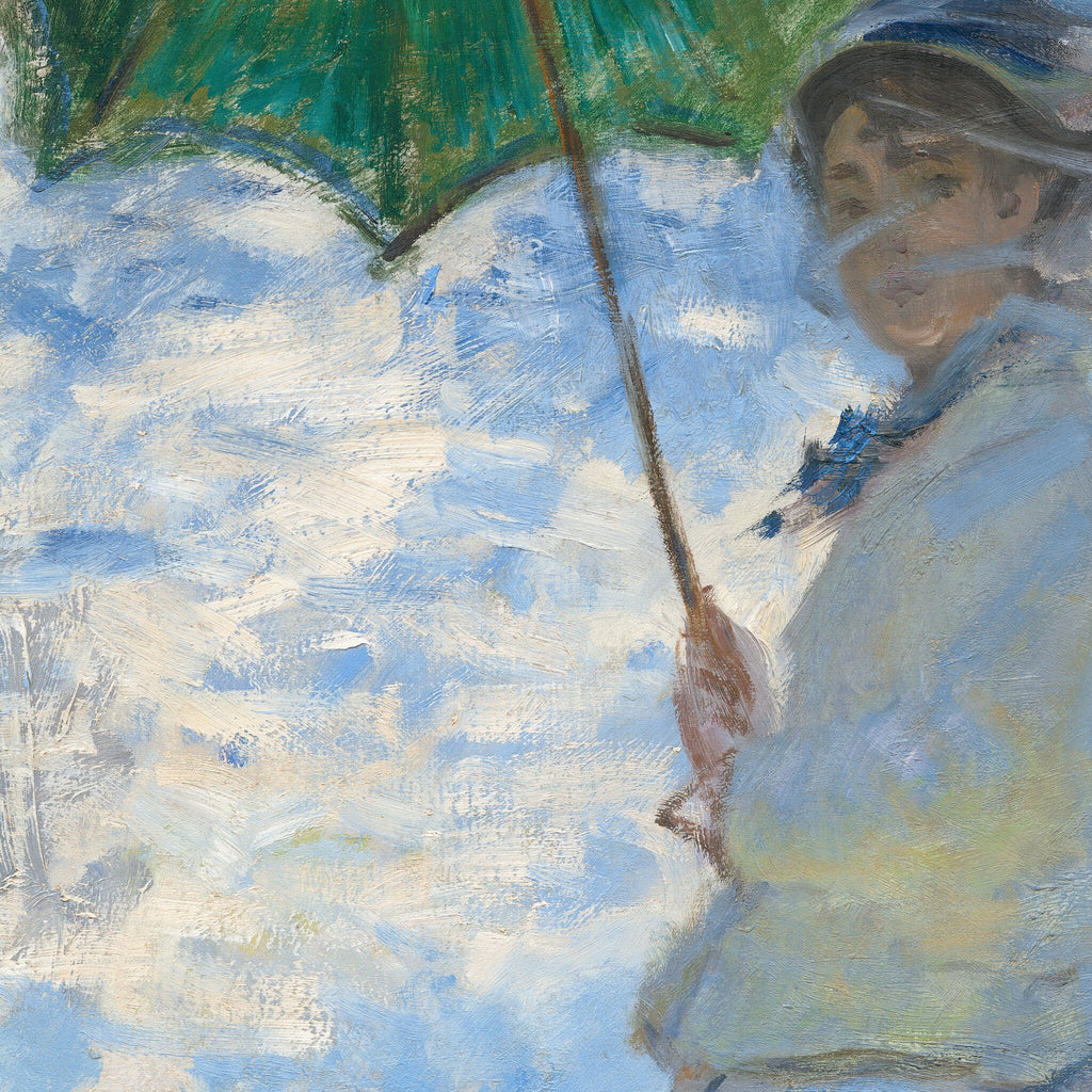 Detail at print size: the green parasol, Camille's veiled face and the sky sketched in loose strokes with bare canvas left showing