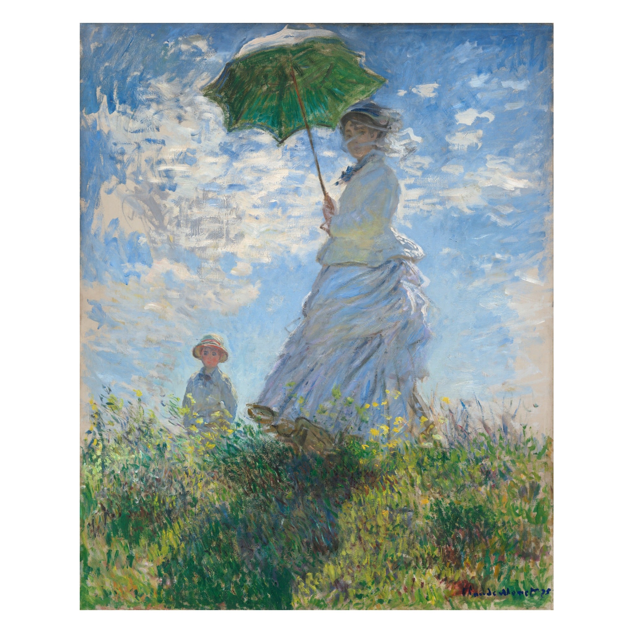 Claude Monet, Woman with a Parasol — Madame Monet and Her Son, 1875 — the canvas reproduced whole: Camille on a hillside with a green parasol against a windy blue sky, her son Jean in the grass behind her
