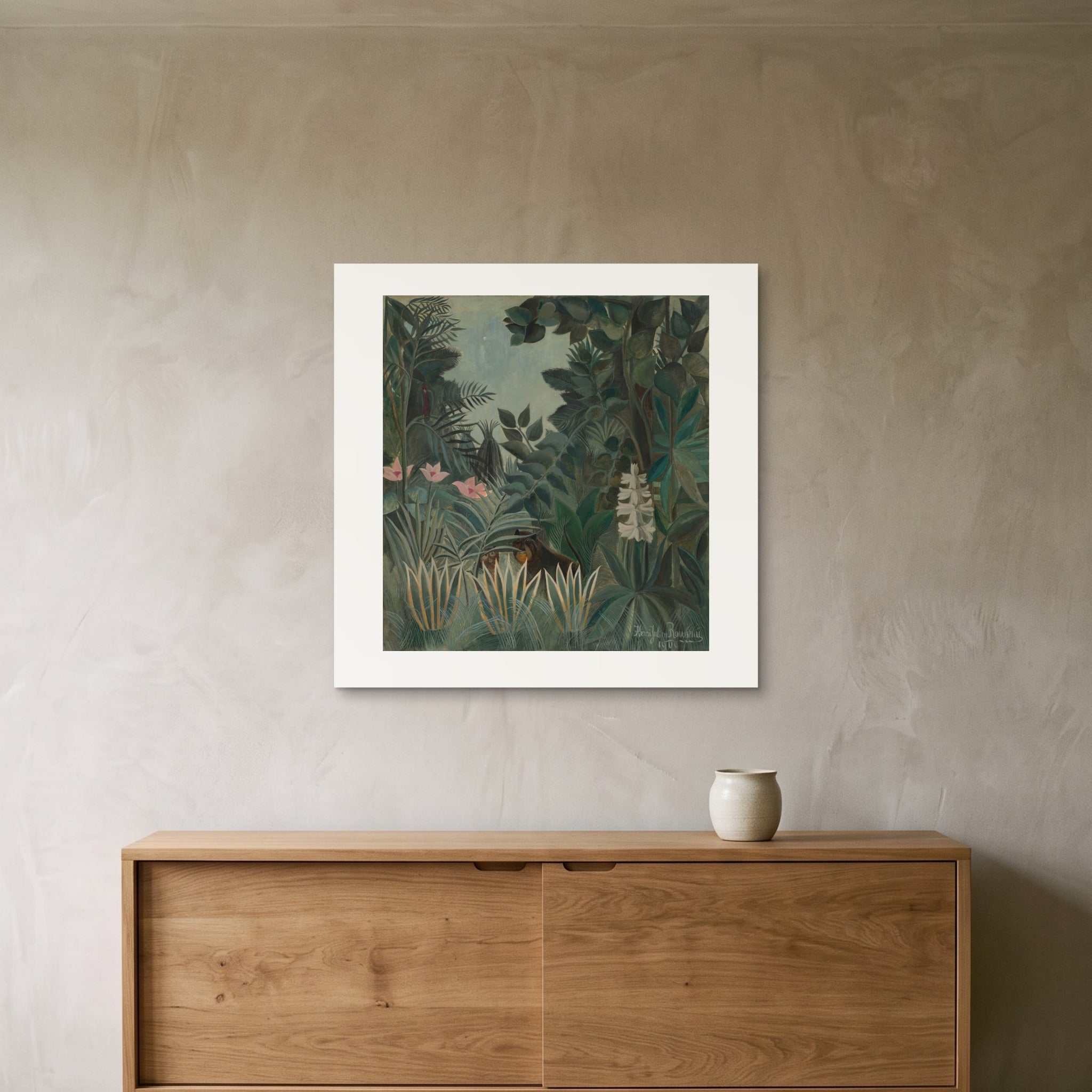 Rousseau's The Equatorial Jungle as a 70 × 70 cm giclée print, unframed, hung 25 cm above a 140 cm sideboard
