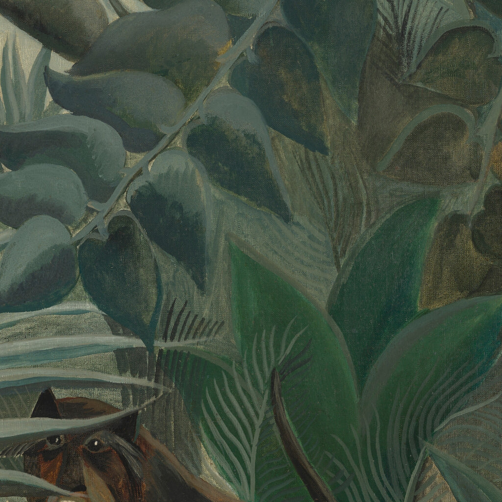 Detail at print size: leaves drawn one by one in overlapping layers, with an ape's face half hidden below
