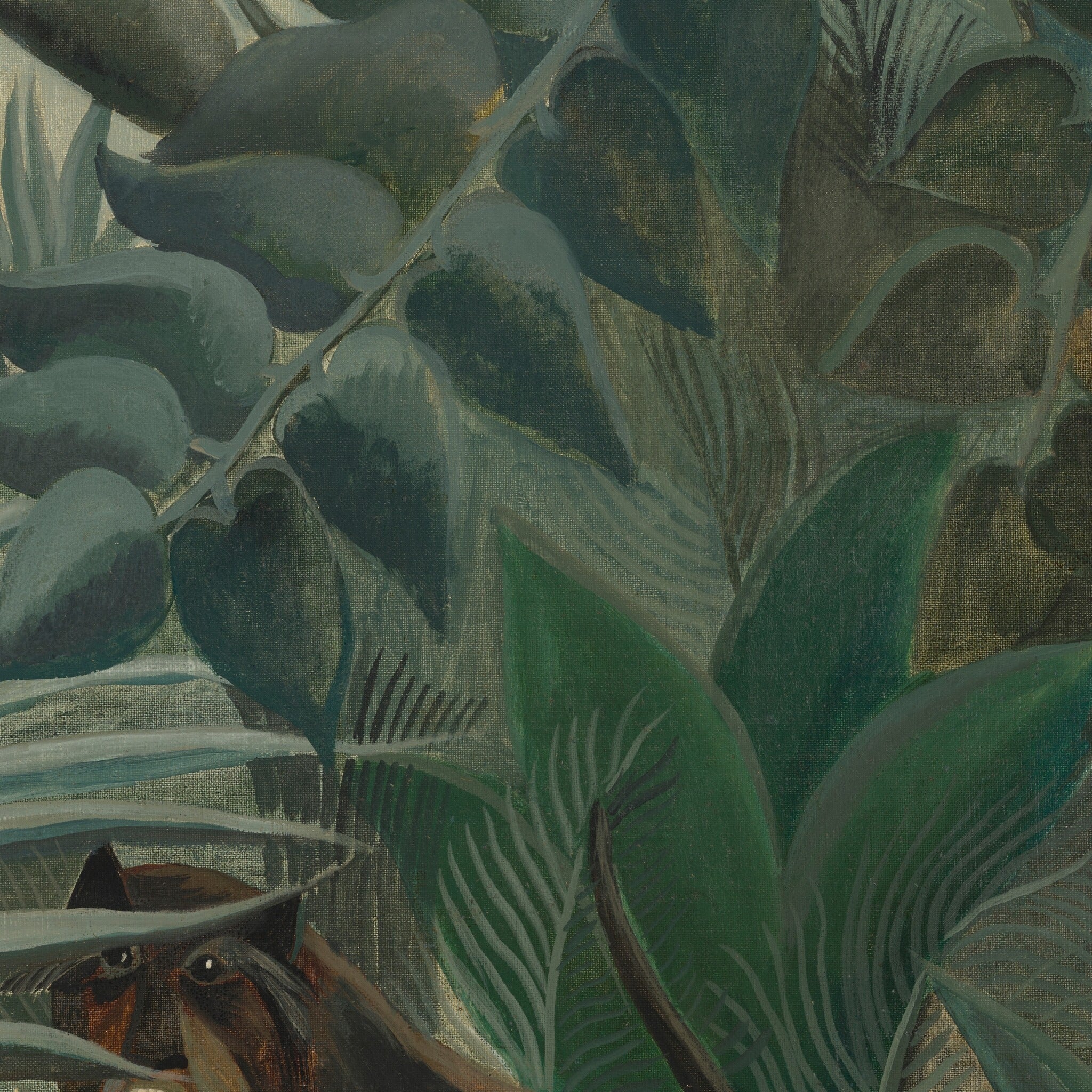 Detail at print size: leaves drawn one by one in overlapping layers, with an ape's face half hidden below