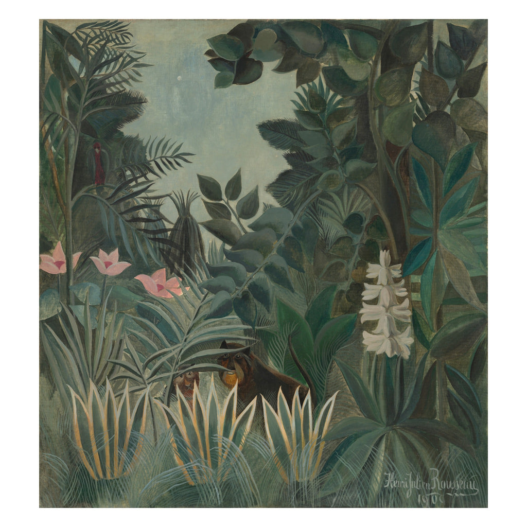 Henri Rousseau, The Equatorial Jungle, 1909 — the canvas reproduced whole: a dense wall of painted foliage with pink and white flowers and two small apes looking out from the centre