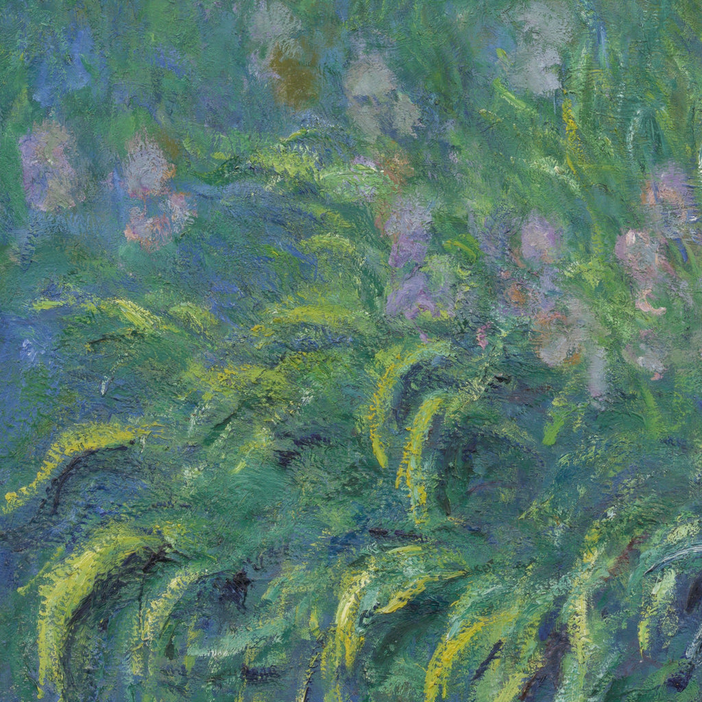 Detail at print size: iris leaves drawn in long green strokes over a violet-blue ground