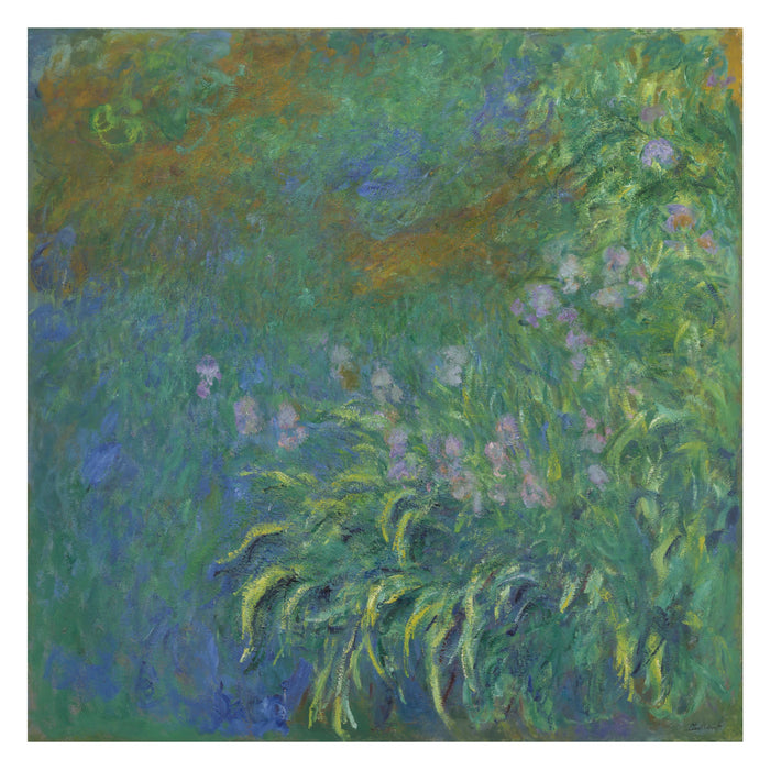 Claude Monet, Irises, 1914–17 — the canvas reproduced whole: a two-metre square of green leaves with violet irises running through it and no horizon