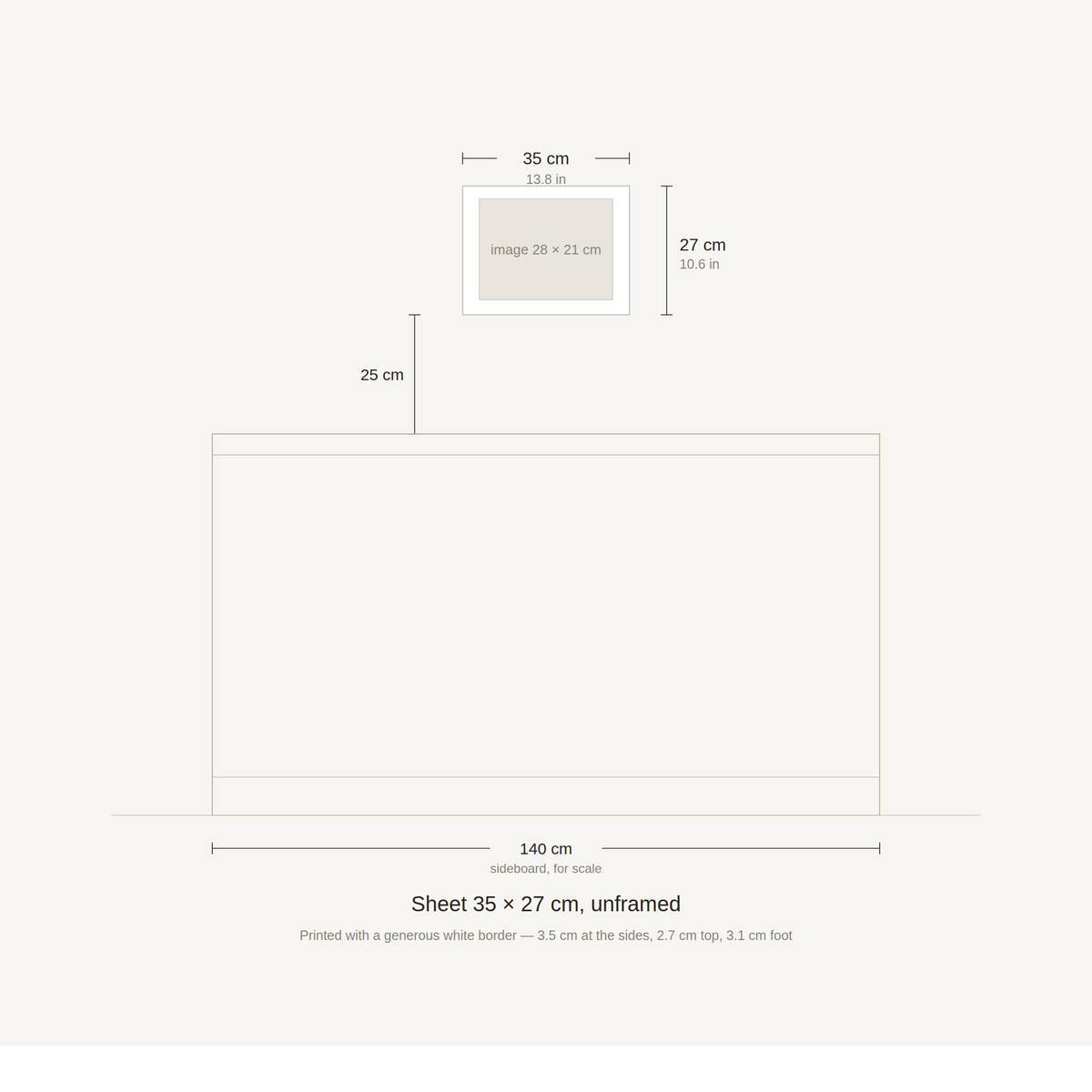Scale diagram: the 35 × 27 cm sheet hung 25 cm above a 140 cm sideboard, printed image area 28 × 21 cm