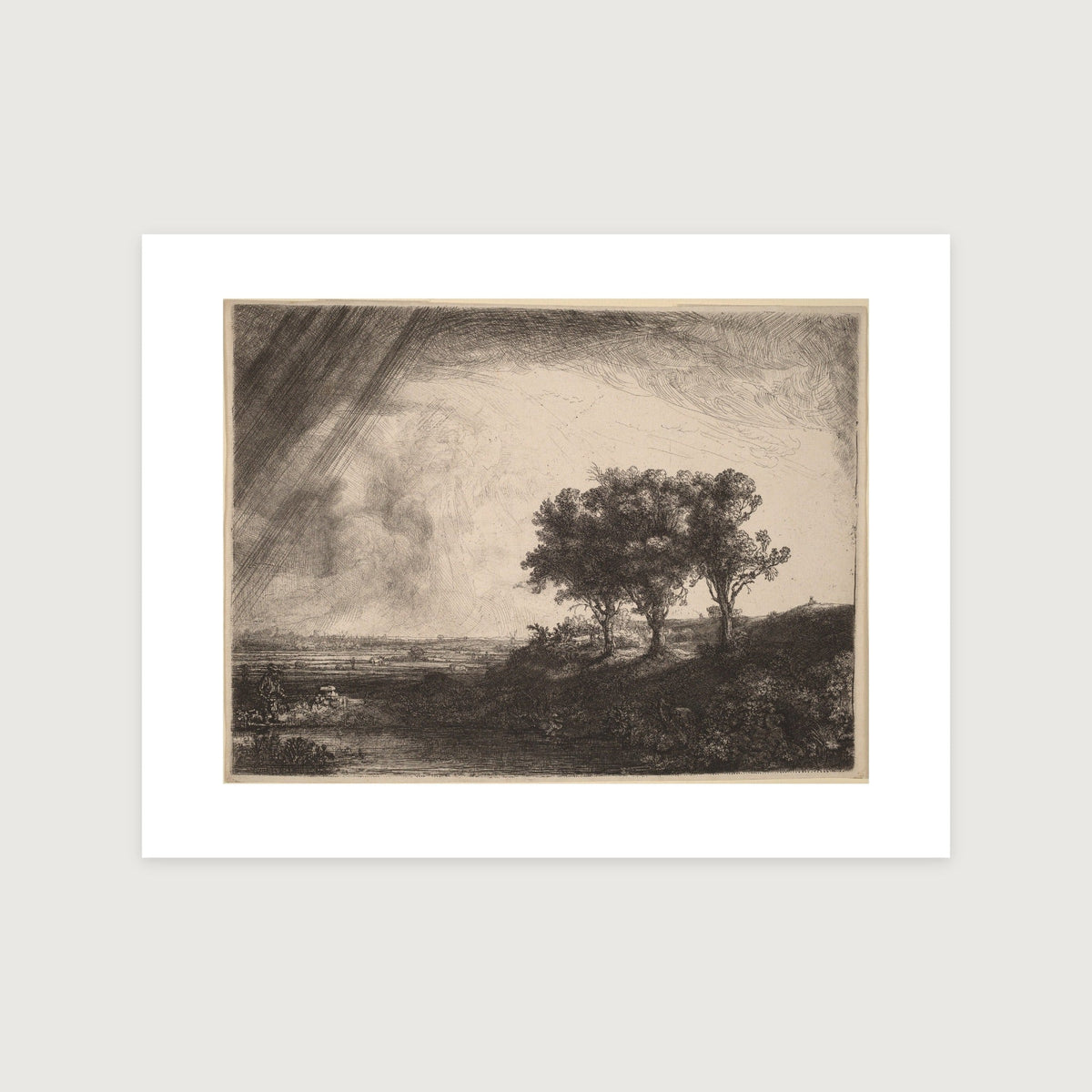 The 35 × 27 cm sheet as printed: Rembrandt's etching at original plate size, 28.00 × 21.18 cm on white paper, 3.50 cm margins at the sides, 2.70 above and 3.12 below