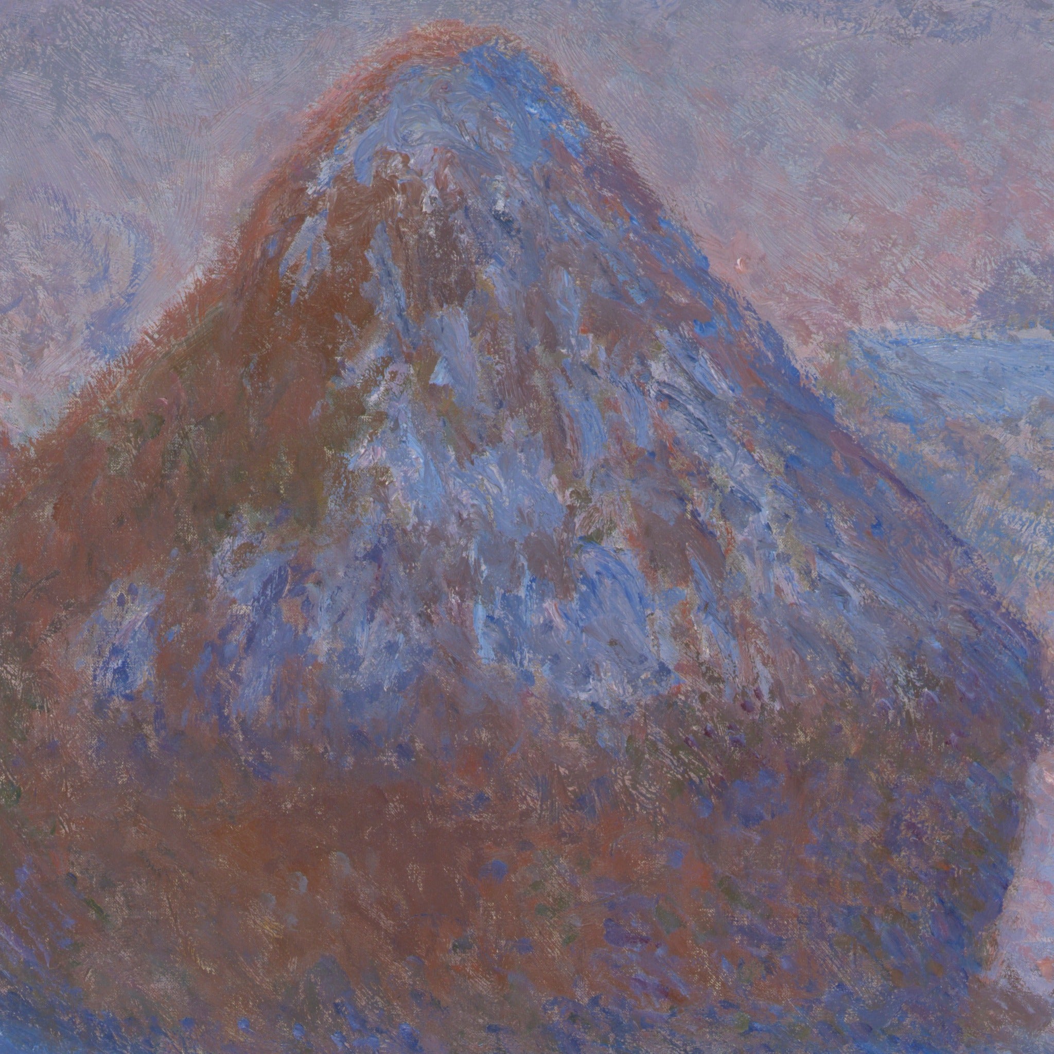 Detail at print size: the stack itself, built from short strokes of violet, blue and orange, with the shadow running toward the viewer