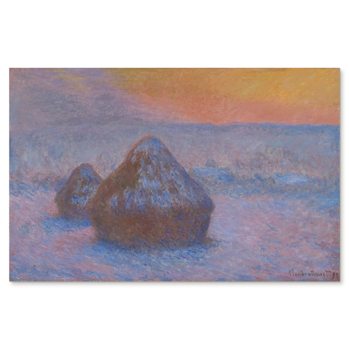 Claude Monet, Stacks of Wheat (Sunset, Snow Effect), 1890–91 — the canvas reproduced whole: a dark stack of threshed wheat in snow, the sky orange behind it and the snow blue and lilac in the foreground