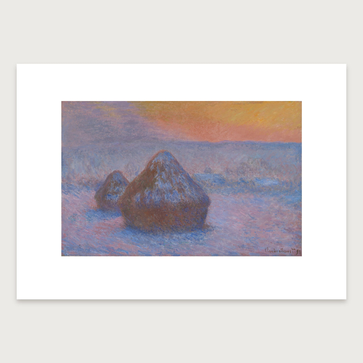 The 70 × 50 cm sheet as printed: Monet's wheatstack 51.06 × 32.99 cm on white paper, 9.47 cm margins at the sides, 7.92 above and 9.10 below