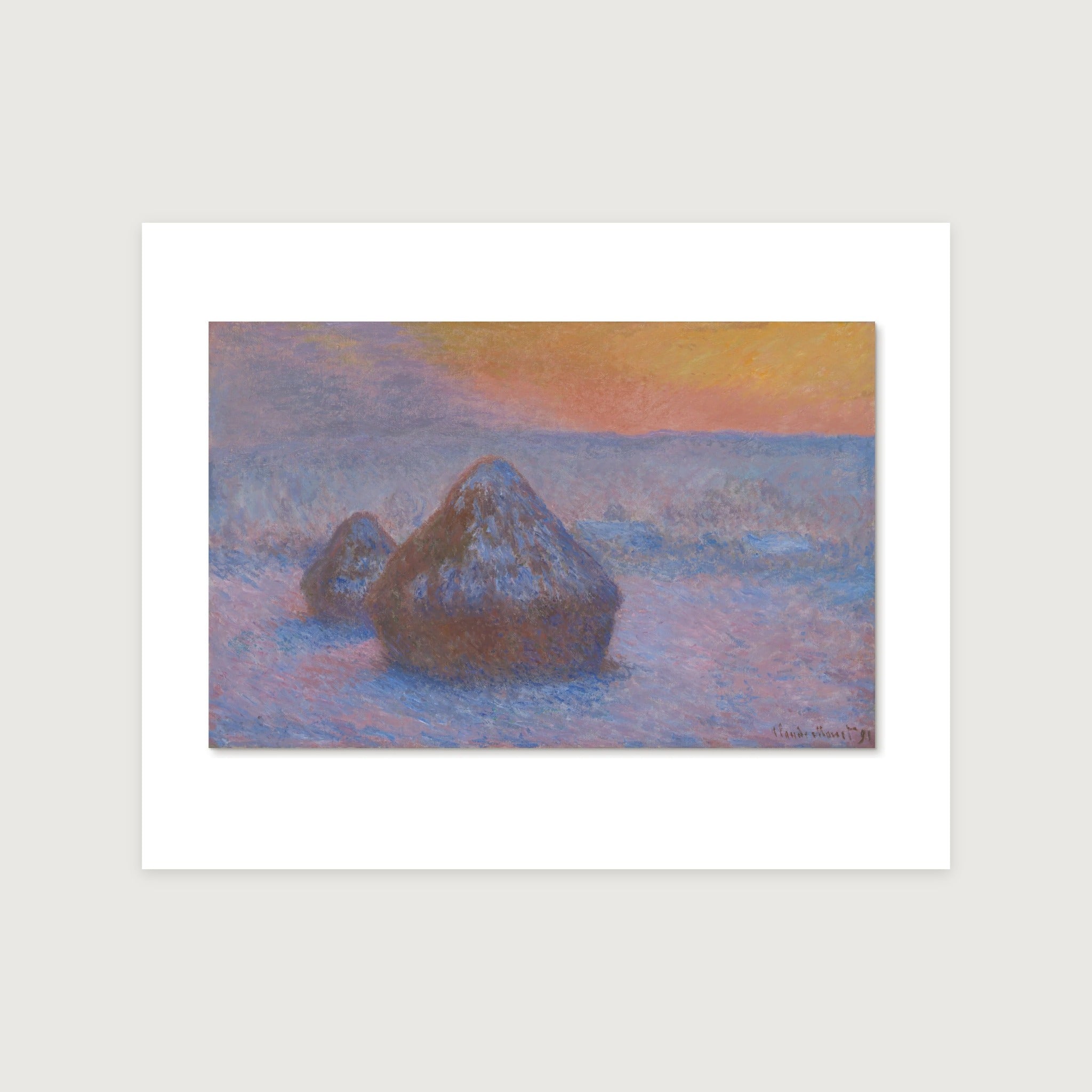 The 50 × 40 cm sheet as printed: Monet's wheatstack 42.00 × 27.14 cm on white paper, 4.00 cm margins at the sides, 5.99 above and 6.87 below