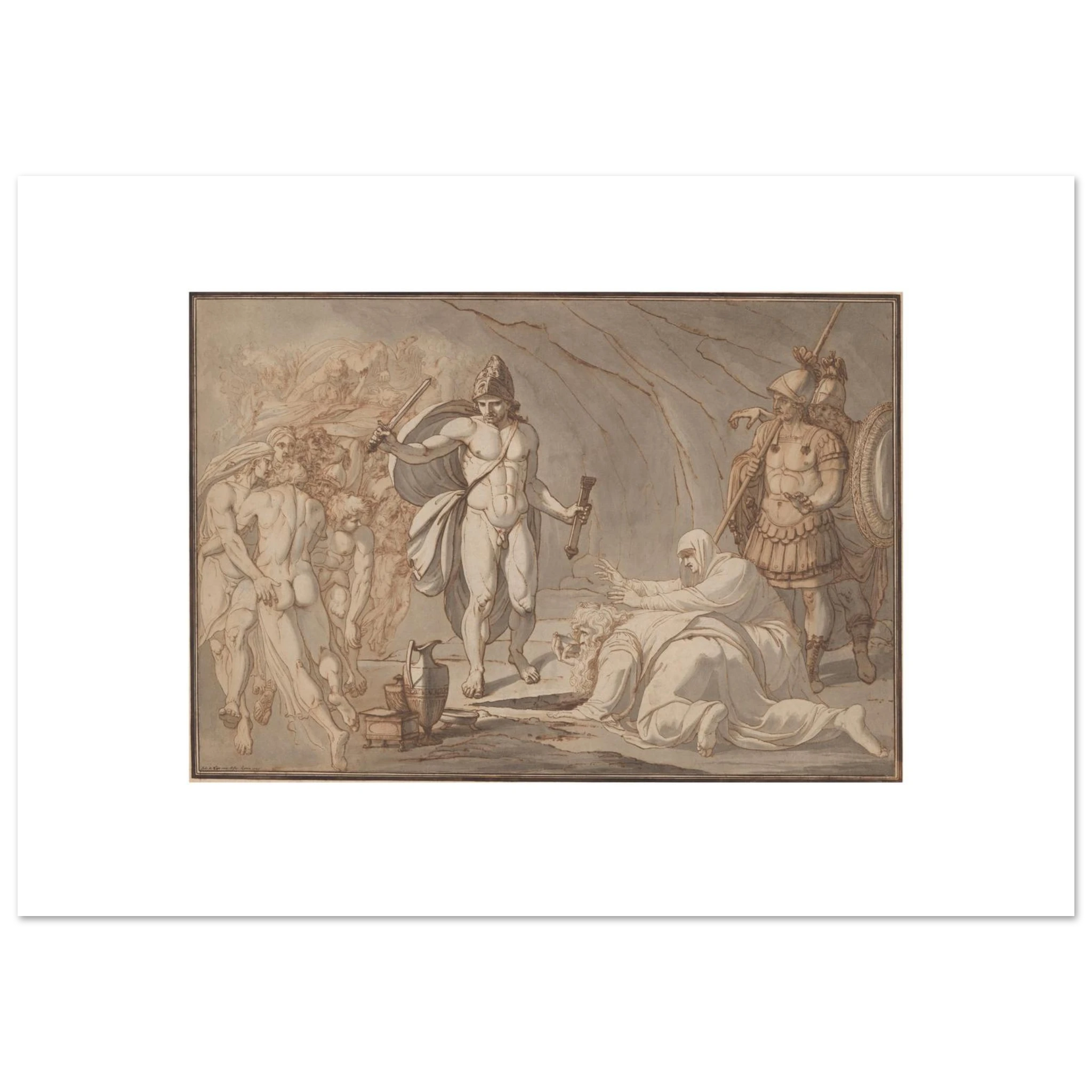 Lips's Odysseus at the Gates of Hades as a 100 × 70 cm fine art poster, unframed, shown flat against a light grey wall