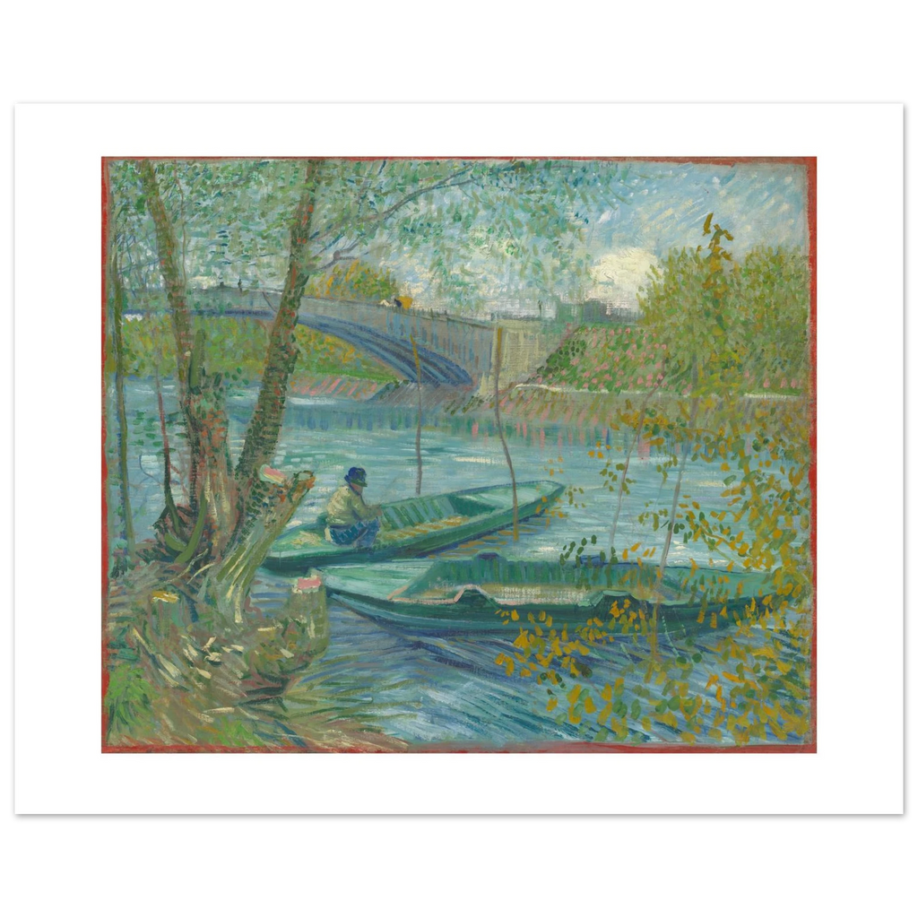 Van Gogh's Fishing in Spring as a 50 × 40 cm fine art poster, unframed, shown flat against a light grey wall
