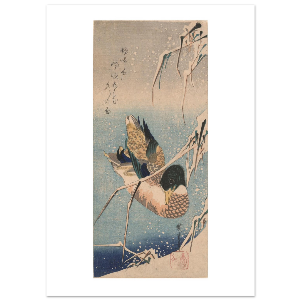 Hiroshige's Wild Duck in Snow as a 50 × 70 cm fine art poster, unframed, shown flat against a light grey wall