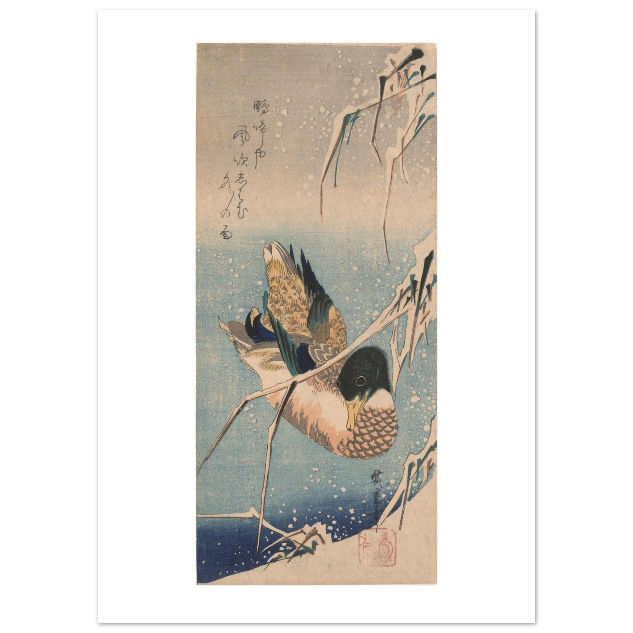 Hiroshige's Wild Duck in Snow as a 50 × 70 cm fine art poster, unframed, shown flat against a light grey wall