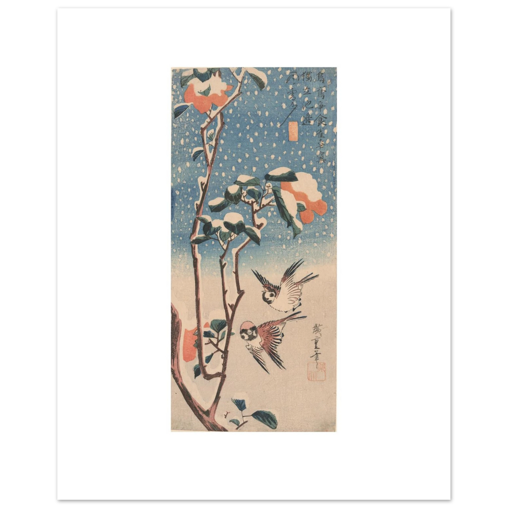 Hiroshige's Sparrows and Camellia in Snow as a 40 × 50 cm fine art poster, unframed, shown flat against a light grey wall