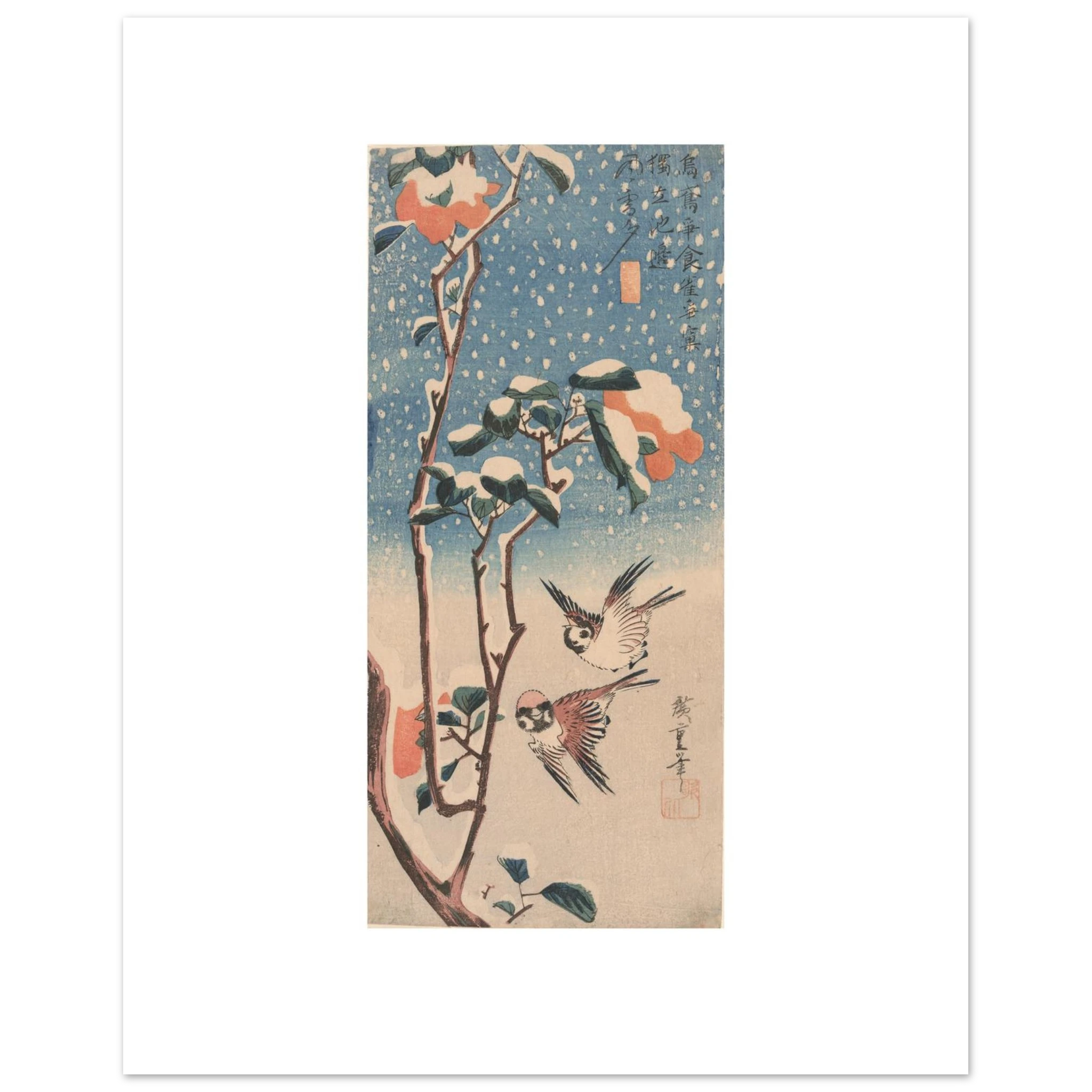 Hiroshige's Sparrows and Camellia in Snow as a 40 × 50 cm fine art poster, unframed, shown flat against a light grey wall