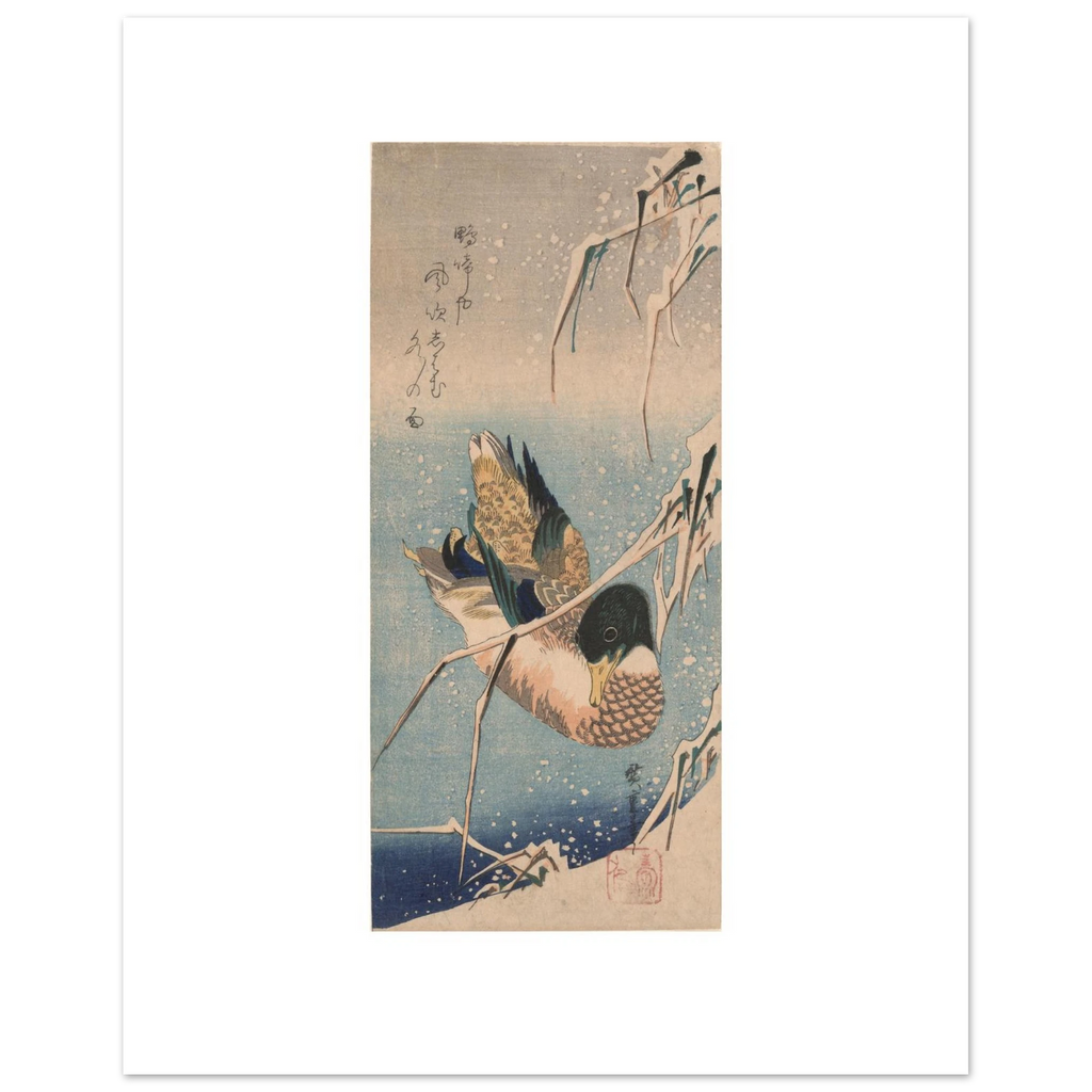 Hiroshige's Wild Duck in Snow as a 40 × 50 cm fine art poster, unframed, shown flat against a light grey wall