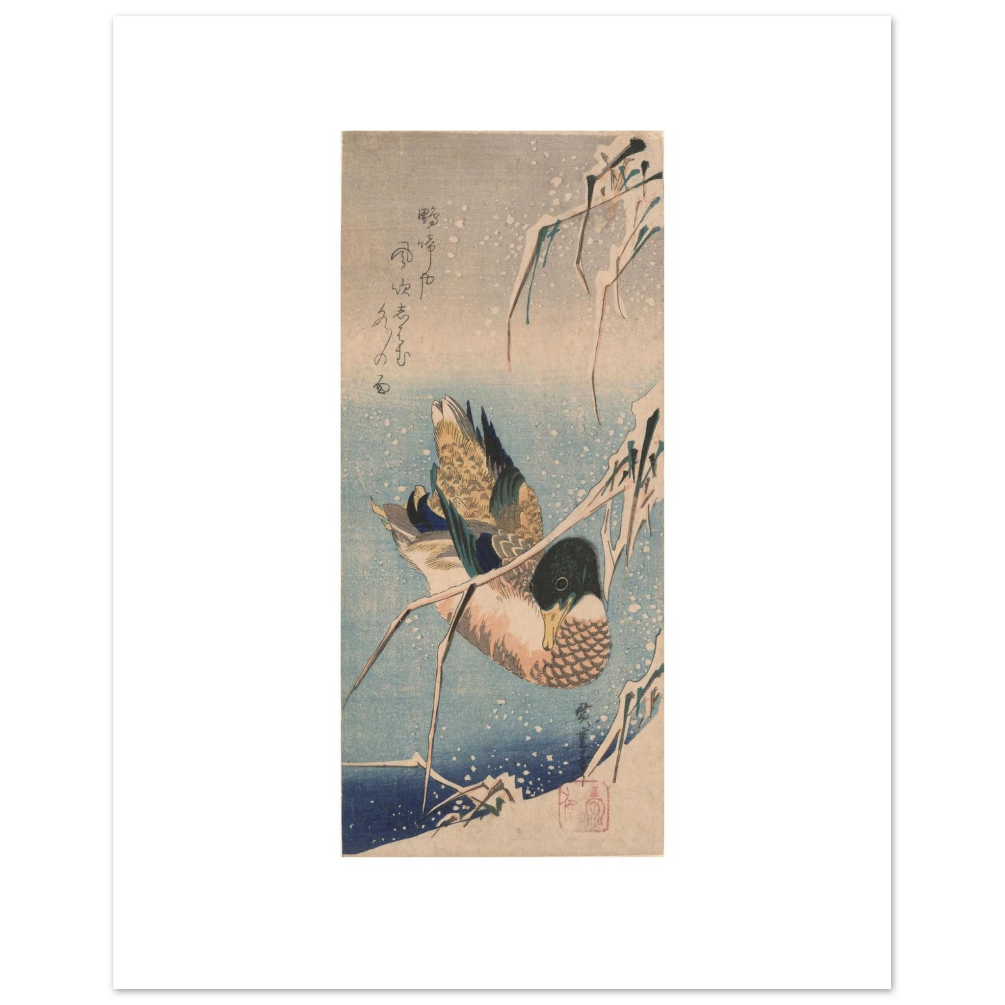 Hiroshige's Wild Duck in Snow as a 40 × 50 cm fine art poster, unframed, shown flat against a light grey wall