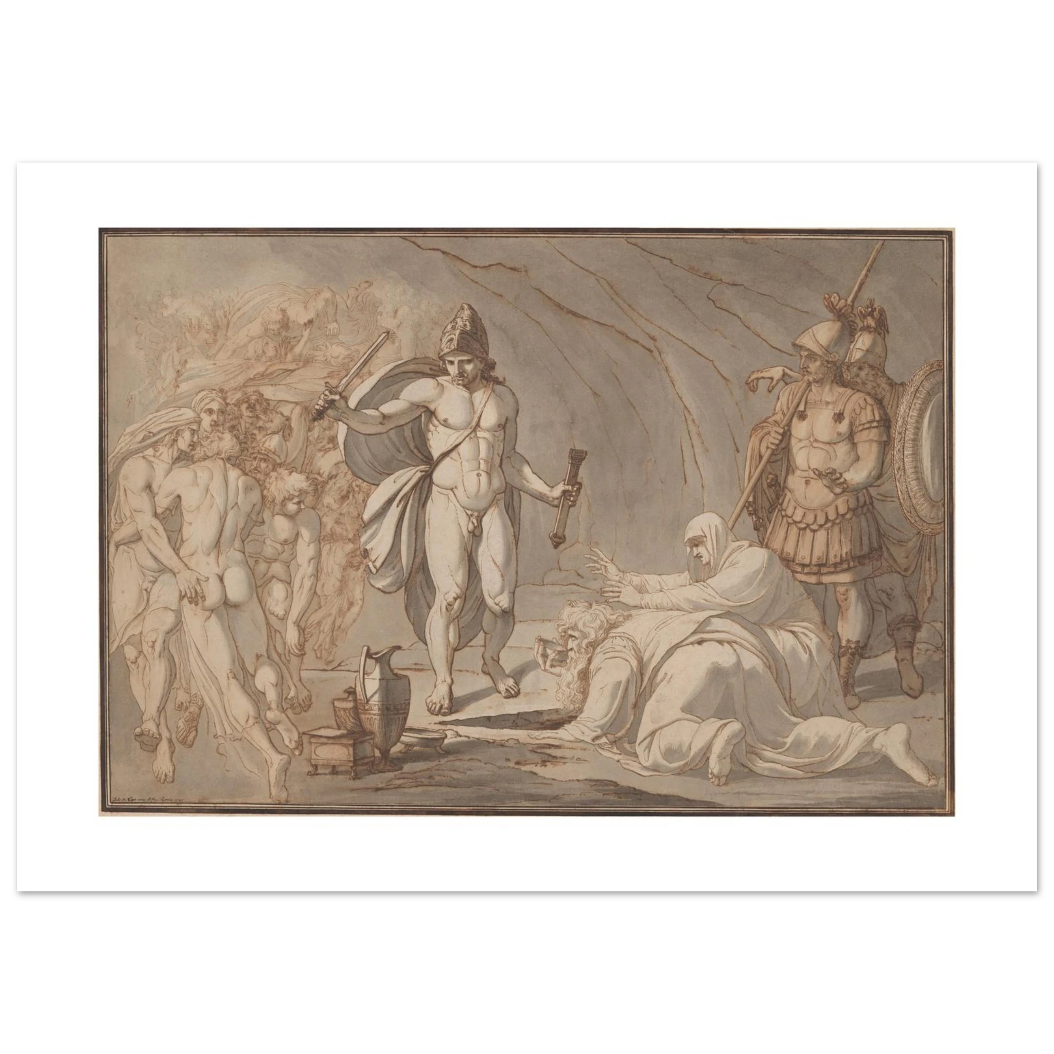 Lips's Odysseus at the Gates of Hades as a 70 × 50 cm fine art poster, unframed, shown flat against a light grey wall