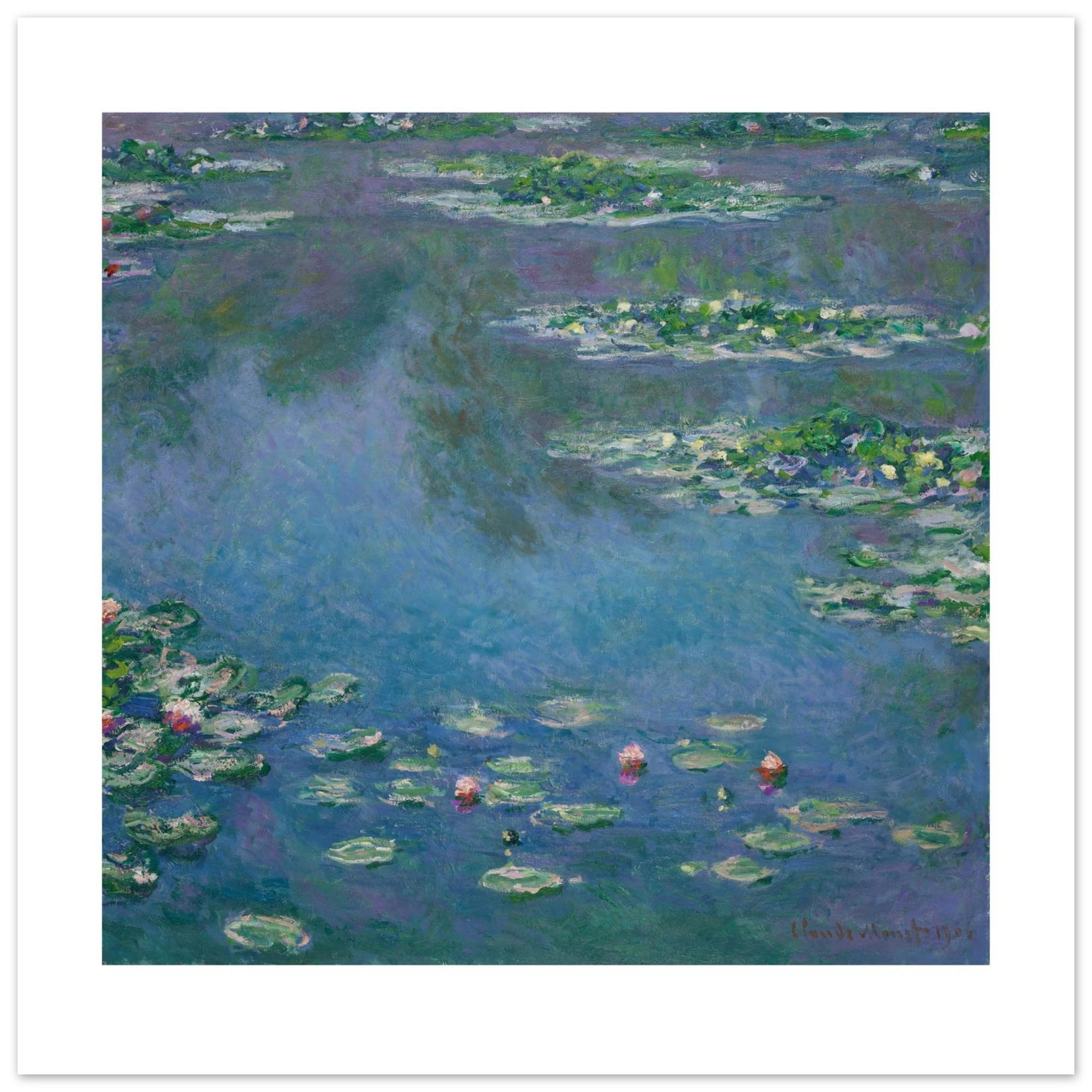Monet's Water Lilies as a 70 × 70 cm fine art poster, unframed, shown flat against a light grey wall