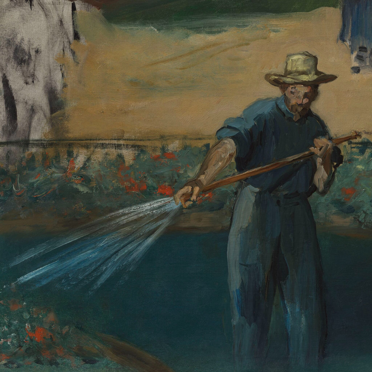 Detail at printed size: the gardener with the hose at the lower left, the spray laid in with a few strokes of white and blue