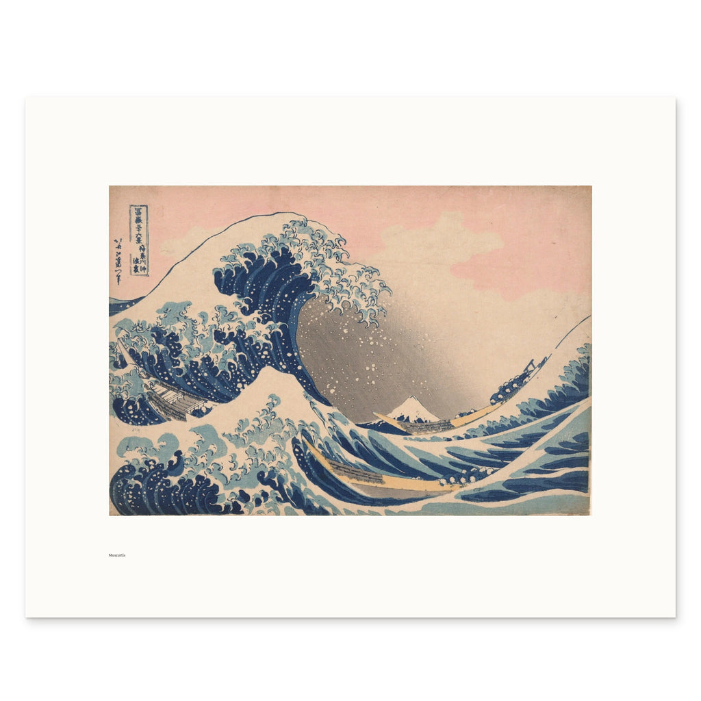 Hokusai's Great Wave off Kanagawa as a 50 × 40 cm giclée print, unframed, shown flat on white, with the small Museartis signet at the lower left