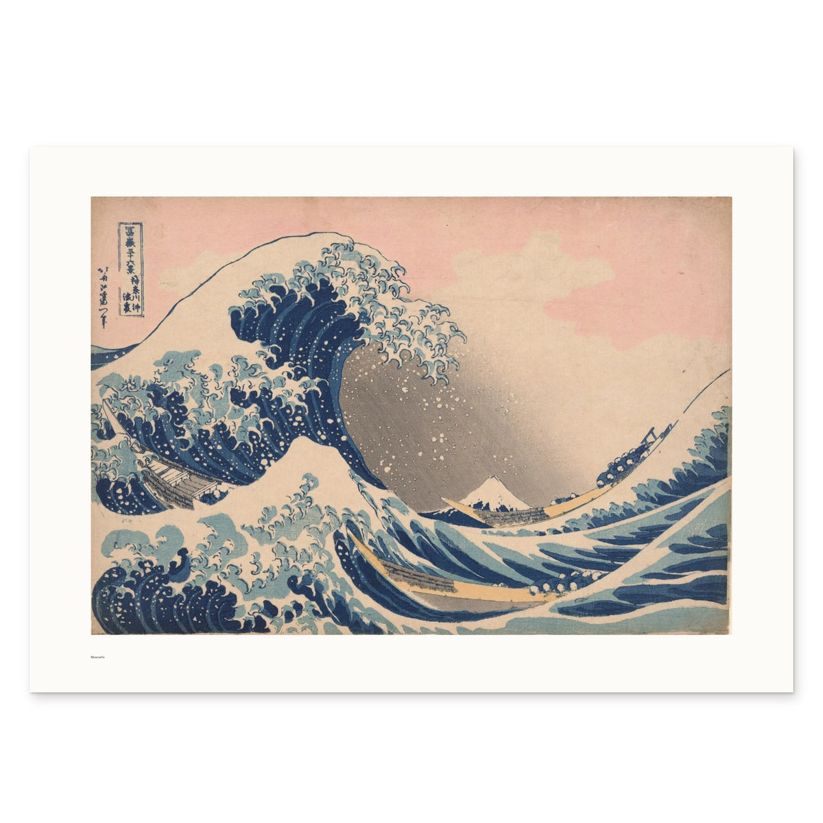Hokusai's Great Wave off Kanagawa as a 70 × 50 cm giclée print, unframed, shown flat on white, with the small Museartis signet at the lower left