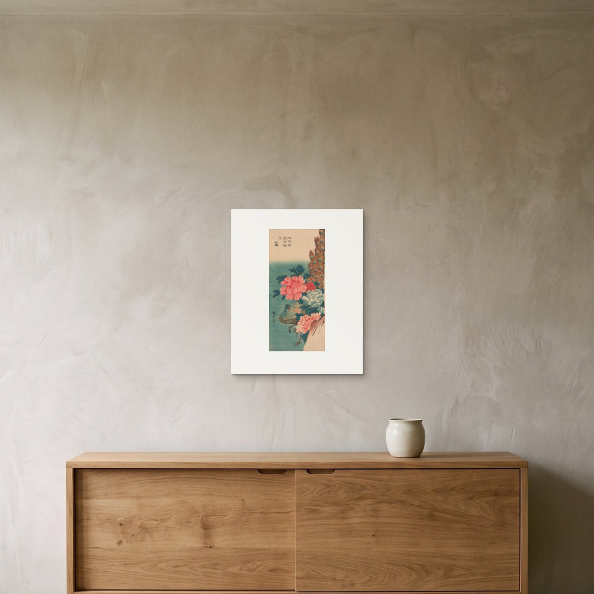 Utagawa Hiroshige – Peacock and Peonies, 1830s — the 40 × 50 cm sheet as printed, shown on the wall above a sideboard