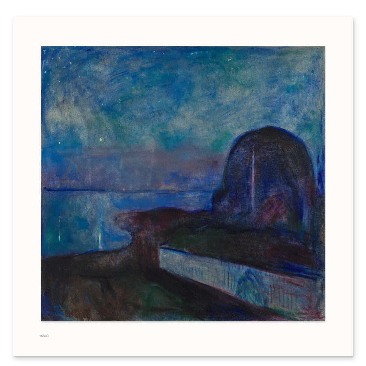 Munch's Starry Night as a 50 × 50 cm giclée print, unframed, shown flat on white, with the small Museartis signet at the lower left