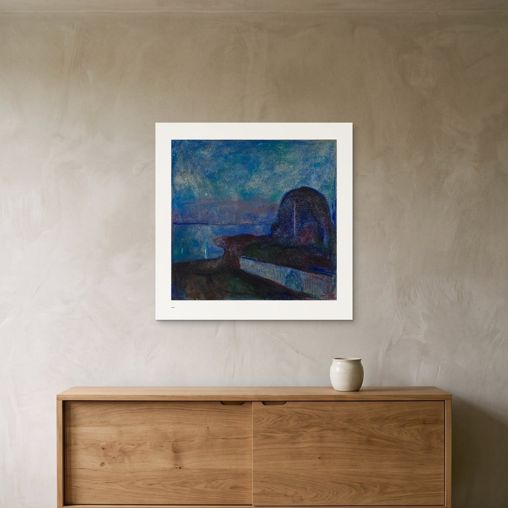 Munch's Starry Night as a 70 × 70 cm giclée print, unframed, hung 25 cm above a 140 cm sideboard