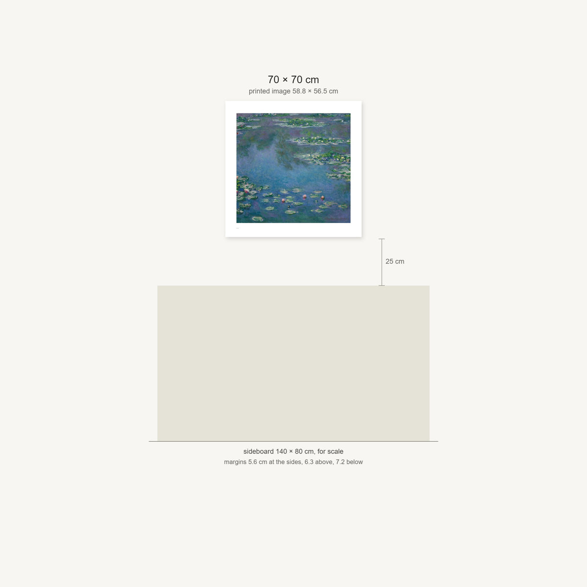 Scale diagram: the 70 × 70 cm sheet hung 25 cm above a 140 cm sideboard, printed image area 58.8 × 56.5 cm