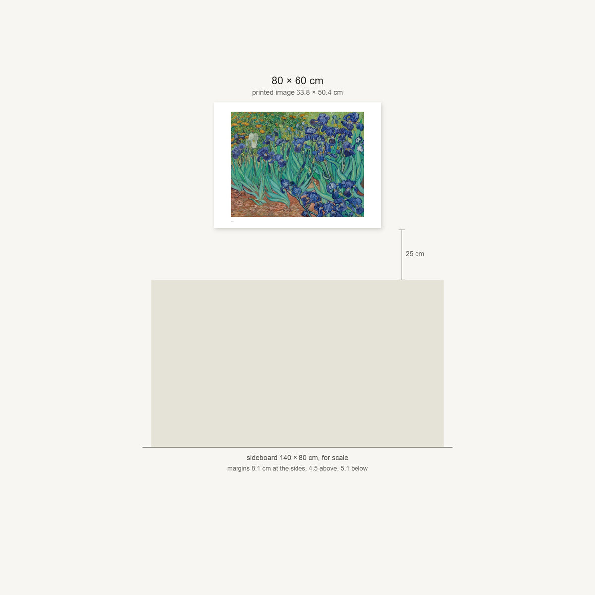 Scale diagram: the 80 × 60 cm sheet hung 25 cm above a 140 cm sideboard, printed image area 63.8 × 50.4 cm