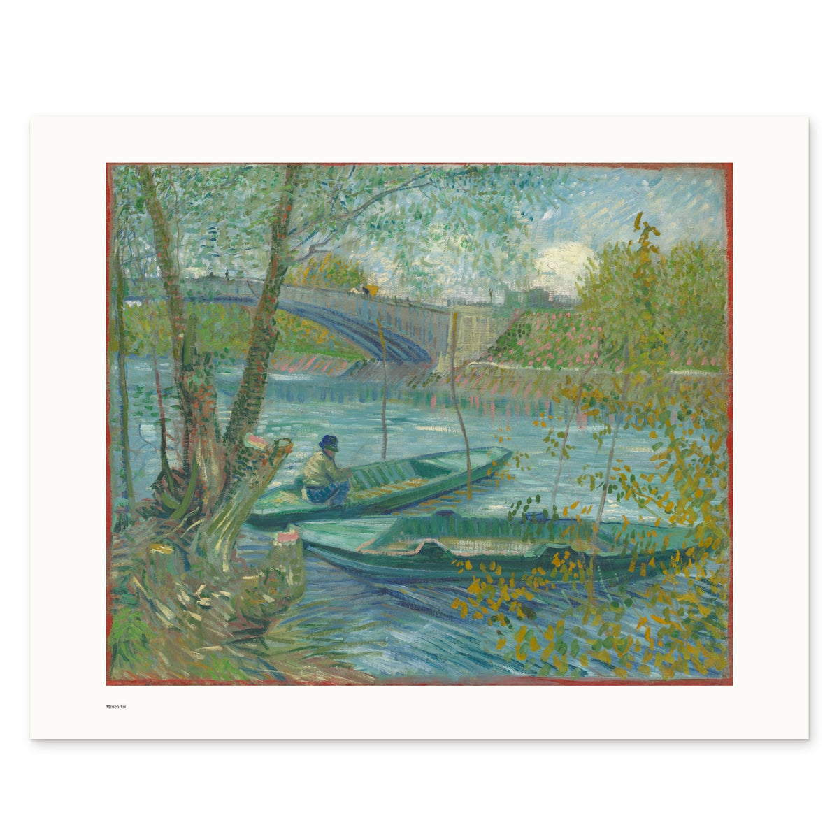 Van Gogh's Fishing in Spring as a 50 × 40 cm giclée print, unframed, shown flat on white, with the small Museartis signet at the lower left