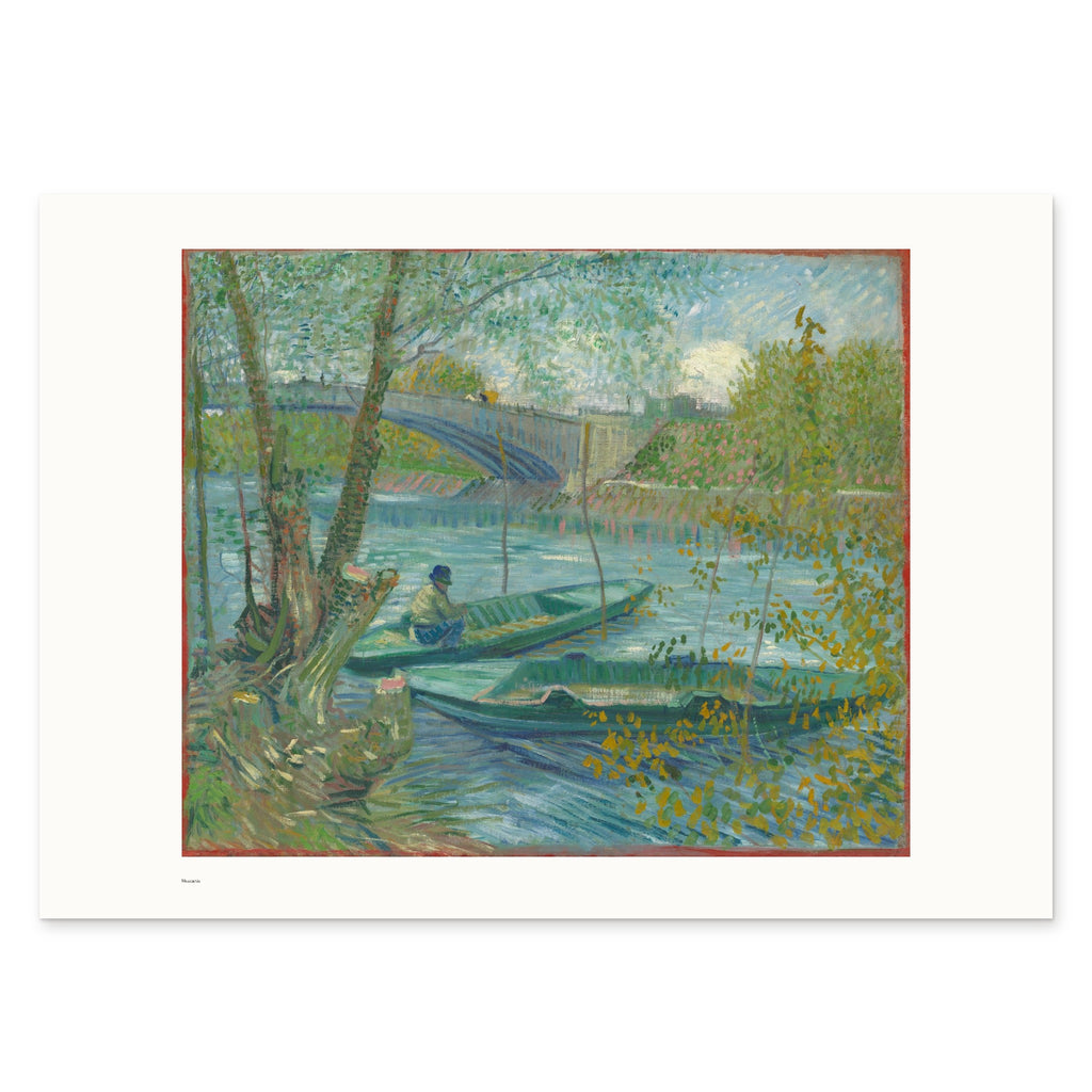 Van Gogh's Fishing in Spring as a 70 × 50 cm giclée print, unframed, shown flat on white, with the small Museartis signet at the lower left