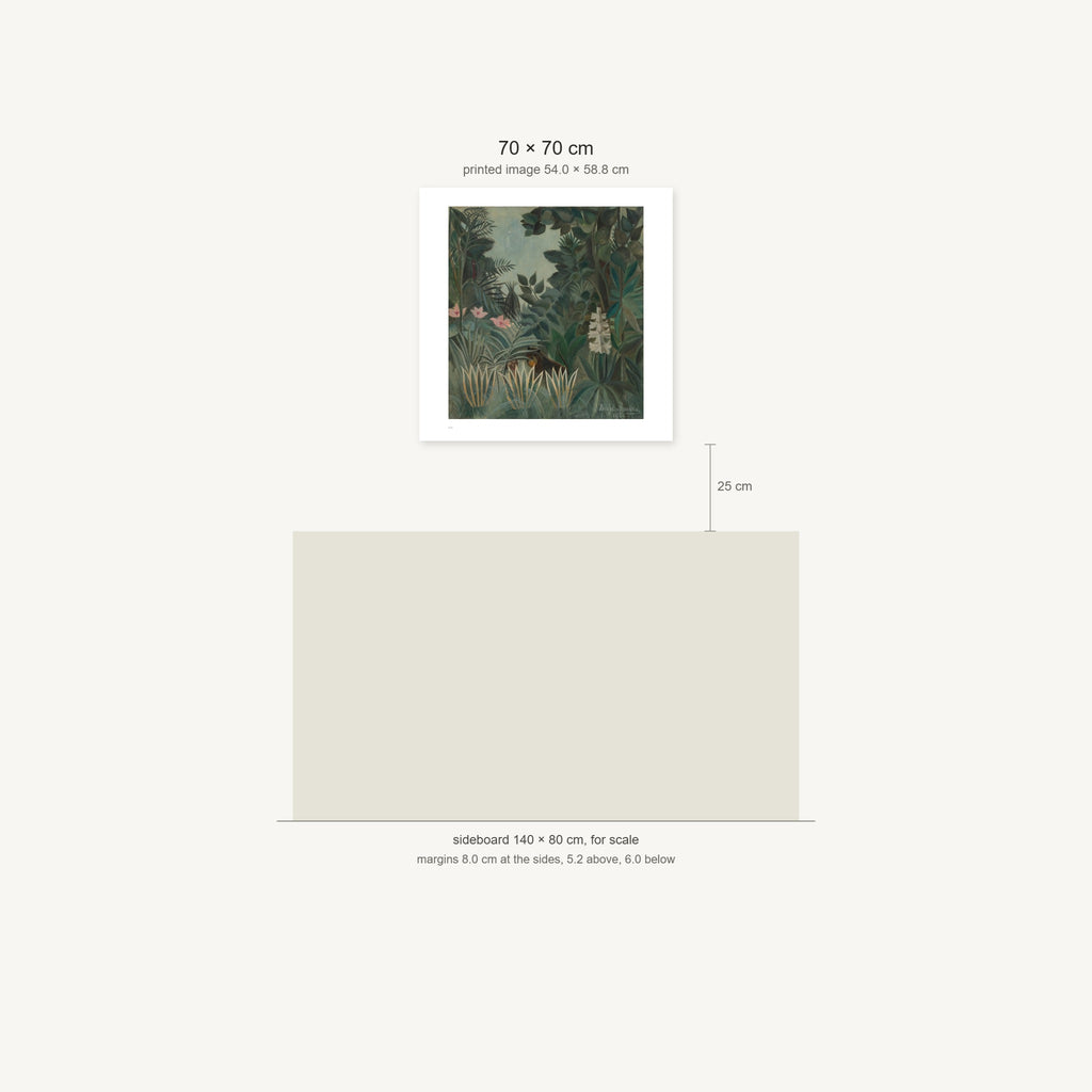 Scale diagram: the 70 × 70 cm sheet hung 25 cm above a 140 cm sideboard, printed image area 54.0 × 58.8 cm