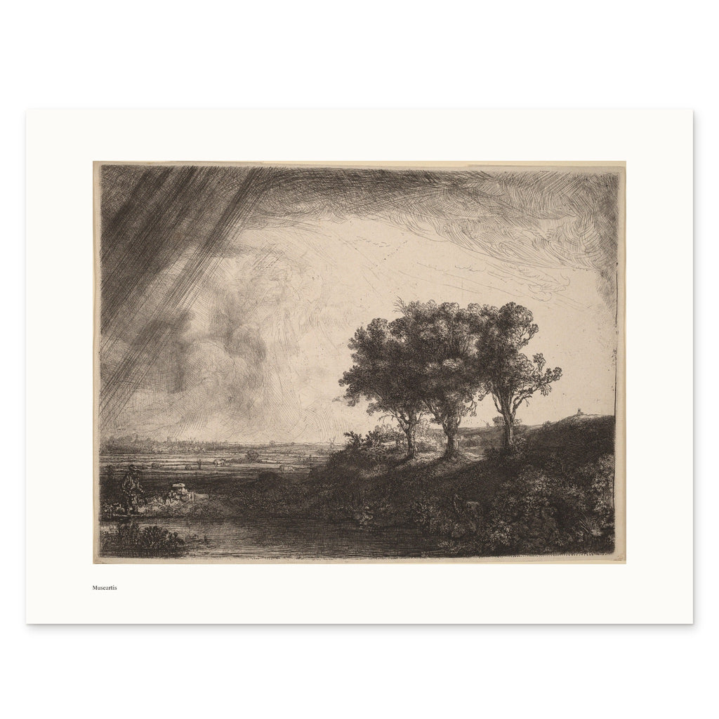 Rembrandt's The Three Trees as a 35 × 27 cm giclée print, unframed, shown flat on white, with the small Museartis signet at the lower left