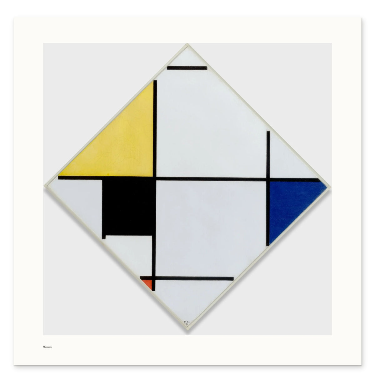 Mondrian's Lozenge Composition with Yellow, Black, Blue, Red, and Gray as a 50 × 50 cm giclée print, unframed, shown flat on white, with the small Museartis signet at the lower left