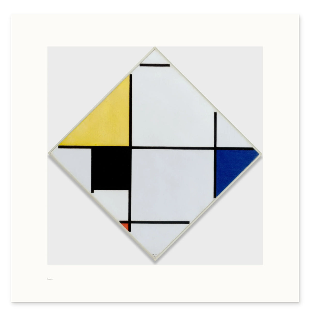 Mondrian's Lozenge Composition with Yellow, Black, Blue, Red, and Gray as a 70 × 70 cm giclée print, unframed, shown flat on white, with the small Museartis signet at the lower left