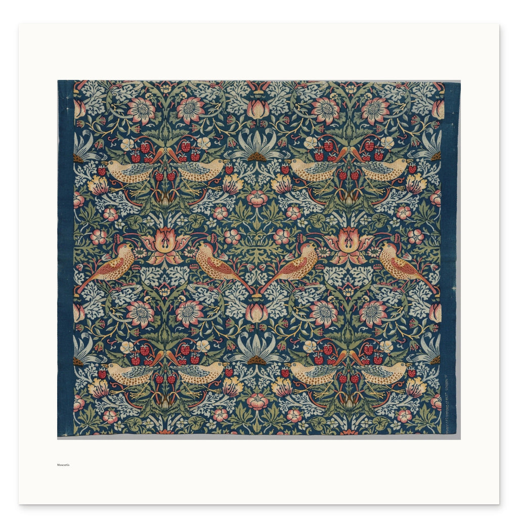 William Morris's Strawberry Thief as a 50 × 50 cm giclée print, unframed, shown flat on white, with the small Museartis signet at the lower left