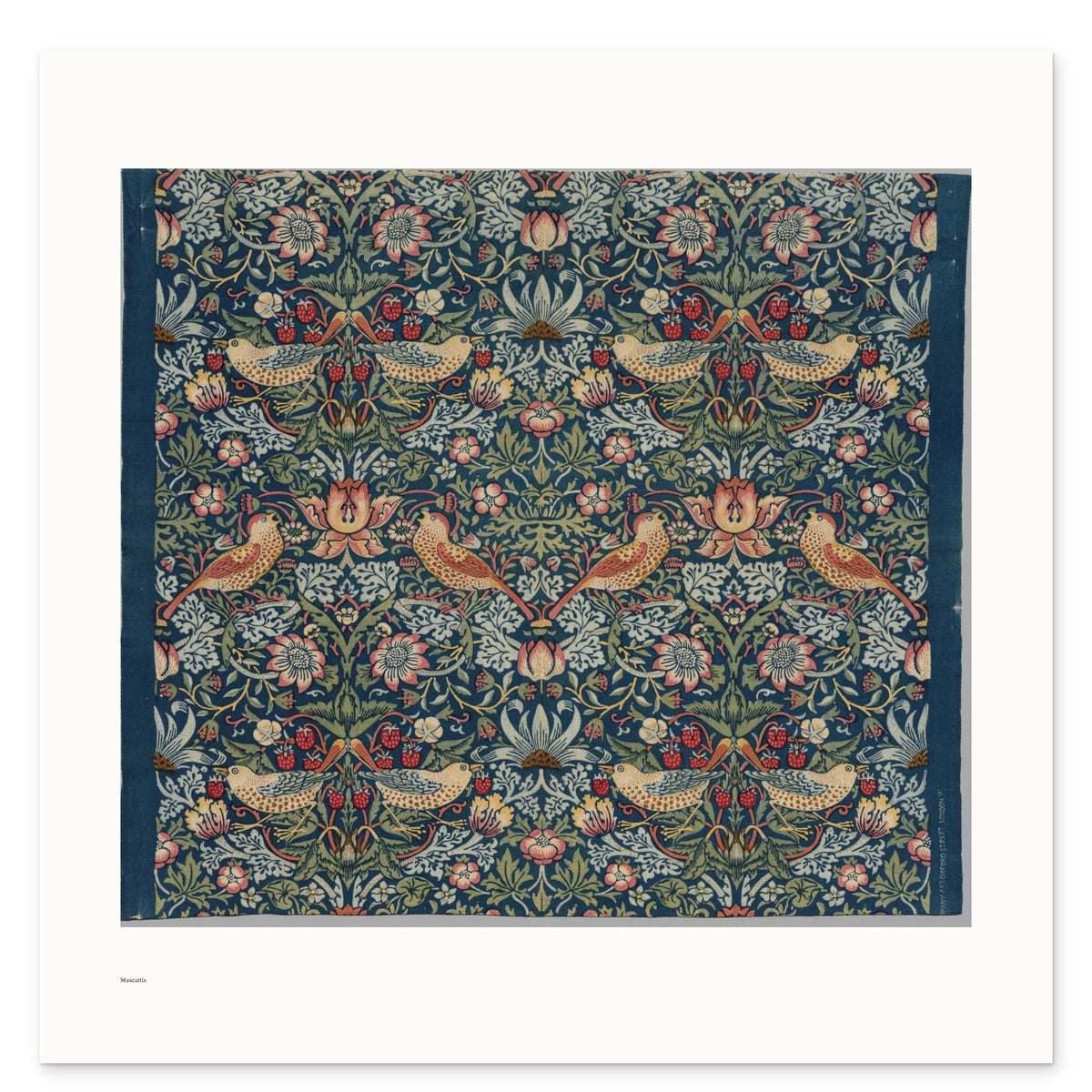 William Morris's Strawberry Thief as a 50 × 50 cm giclée print, unframed, shown flat on white, with the small Museartis signet at the lower left
