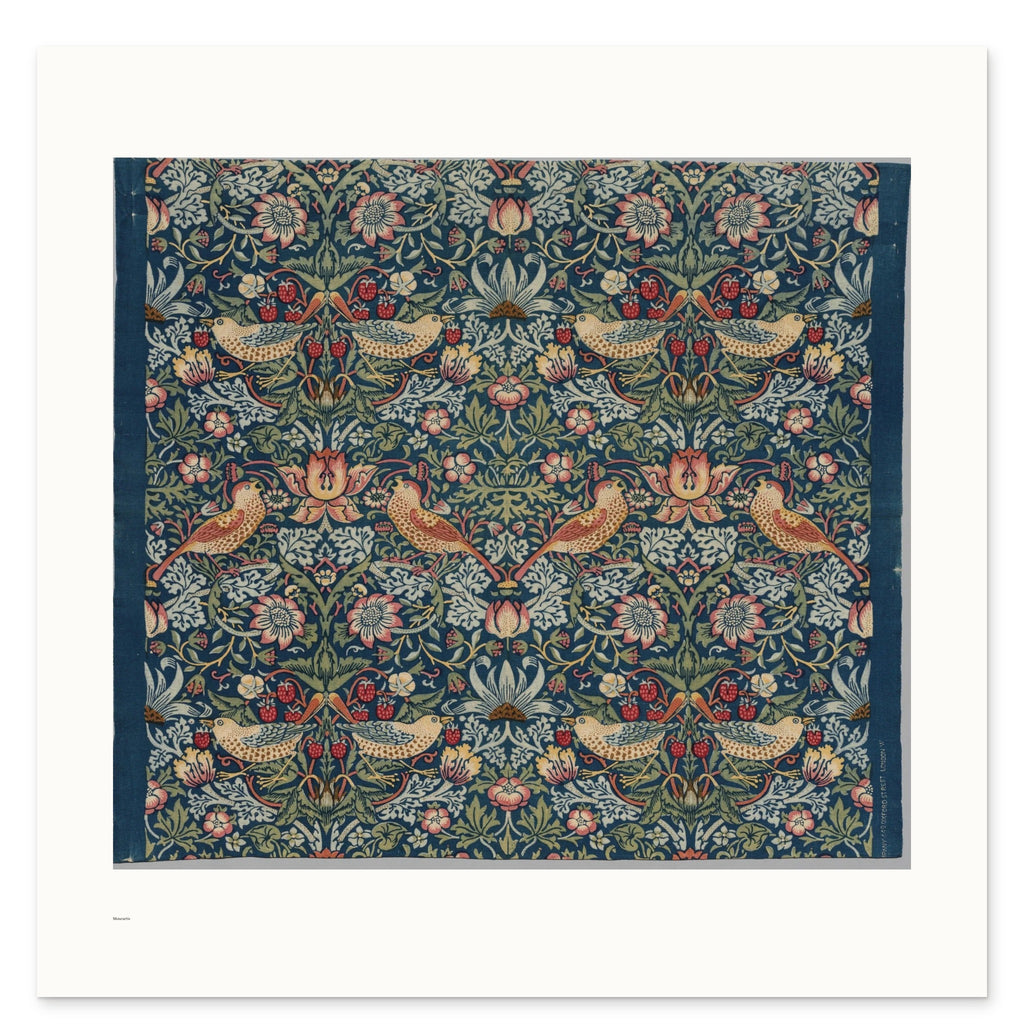 William Morris's Strawberry Thief as a 70 × 70 cm giclée print, unframed, shown flat on white, with the small Museartis signet at the lower left