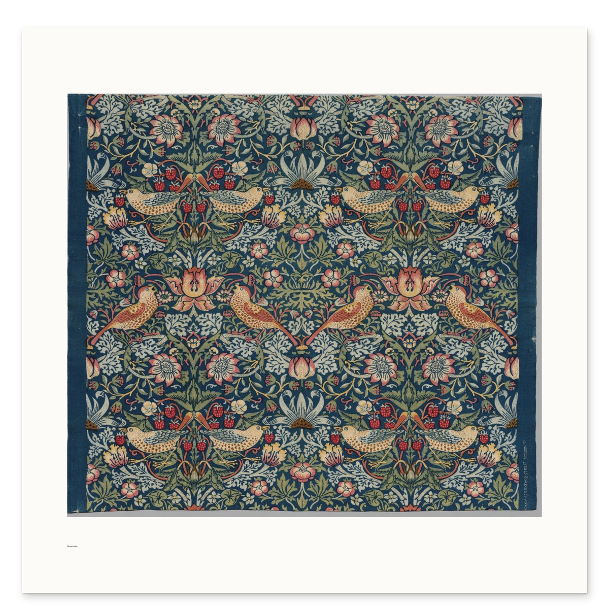 William Morris's Strawberry Thief as a 70 × 70 cm giclée print, unframed, shown flat on white, with the small Museartis signet at the lower left