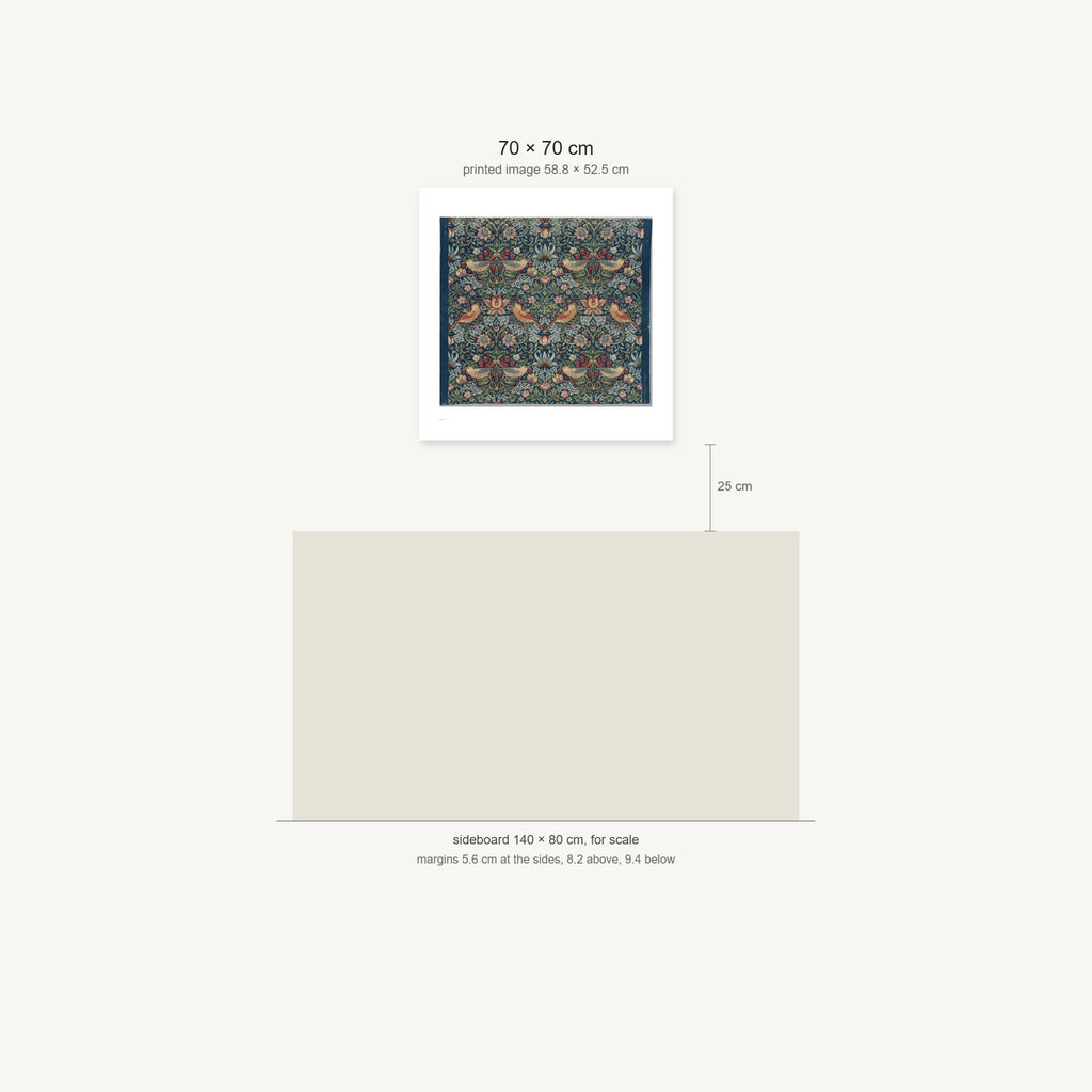Scale diagram: the 70 × 70 cm sheet hung 25 cm above a 140 cm sideboard, printed image area 58.8 × 52.5 cm